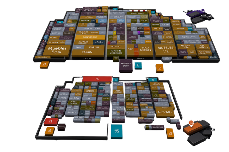 Dos perspectivas del mapa inteligente Senda con stands, accesos y servicios del evento